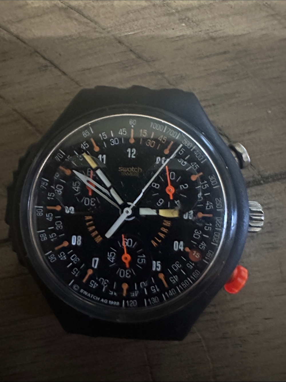 Swatch Black Dial Chronograph with Orange Highlights